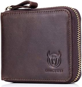 BULLCAPTAIN Mens Genuine Leather Zipper Wallet RFID Blocking Bifold Secure Zip Around Wallets Multi Credit Card Holder Purse, brown, Small, Simplicity