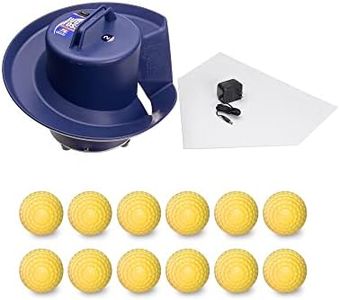 Jugs Toss Machine with 1-Dozen Sting-Free Yellow Dimpled Baseballs. Holds up to 14 Baseballs; Tosses One Ball Every 5 Seconds. Rechargeable—Runs up to 8 Hours.