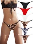 KUKU PANDA Sexy G String Thongs for Women Stretchy Cotton Panties Ladies Knickers No Show Underwear 6 Pack Set (B/W/R/Leopard, Large)