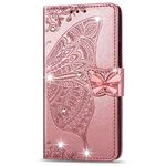 For iPhone 15 Case Glitter Crystal Flip PU Leather Phone Cover for iPhone 15, Shockproof Wallet Card Slots Butterfly Gems Bling Shiny Magnetic Clasp Kickstand, Rose Gold