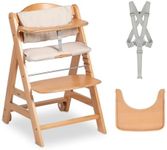 hauck Beta+, Natural - Wooden High Chair Set from 6 Months to 90 kg - with Wheels, Seat Cushion, Wooden Tray & Bumper Bar, 5 Point Harness & Crotch Strap - Made from FSC Certified Beechwood