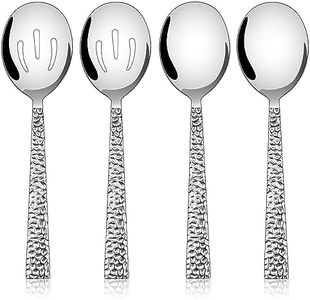 Hammered Serving Spoons, E-far 4-Piece Stainless Steel Serving Utensils Set - Solid Spoons x 2, Slotted Spoons x 2, Metal Hostess Serving Tablespoons for Catering Buffet Party Kitchen Restaurant