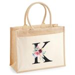 Personalised Jute Tote Bag with Floral Initial - Custom Black Letter, Womens Hessian Cotton Canvas with Contrast Handles - Ideal for Lunch, Shopping, Beach, Books - Perfect Gift for Her