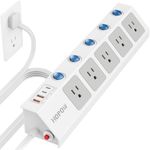 HOPOW Flat Plug Power Strip with Individual Switches, 10 Ft Ultra Thin Flat Extension Cord, 5-Outlet Surge Protector with 2 USB-C (20W PD) & 2 USB-A, 1700 Joules, Wall Mount for Home Office, White