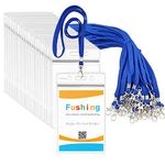 Fushing 50-Pack Clear Plastic Vertical Name Tags Badge ID Card Badge Holder and Blue Neck Lanyards with Swivel Hook for School, Festival, Event (L)