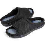 Zizor Men's Memory Foam Open Toe Slippers, Slip On Breathable House Shoes with Indoor Outdoor Anti-Skid Rubber Sole, Black, 9-10