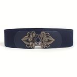 SYGA Women Cinch Belt, PU Leather Stretchy Waist Belt with Emblem Metal Buckle, Retro Style - Navy Blue((Fits Waist Size 25-35)