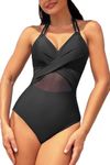 AOQUSSQOA One Piece Swimsuit Women Sexy Mesh Tummy Control Bathing Suit V Neck Lace Up Wrap Swimwear(Black,M)