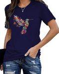 Fawniss Women Hummingbird Graphic Shirts Bohemian Style Flower Top Cute Birds Lovers Tshirt Red