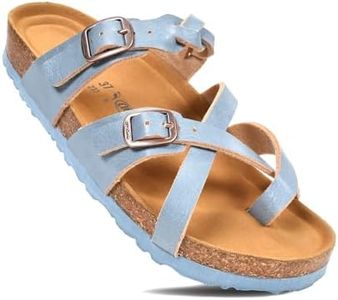 AEROTHOTIC Womens Strappy Slip-On Modern Memory Foam Cushion Footbed Outdoor Adjustable Buckle Cork Footbed Slides for Sandals with Comfortable Arch Support (Irenic Light Blue, size 9)