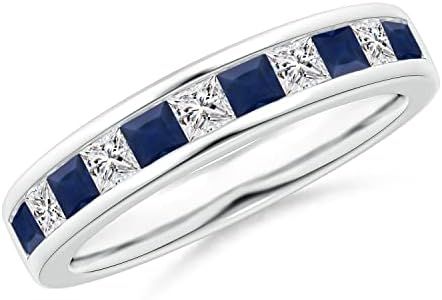 Angara Natural Blue Sapphire Ring for Women | 0.57 ct Square Shape Blue Sapphire Diamond Half Eternity Ring in White Gold | September Birthday, Gemstone Jewelry Gift | AAAA | 2.4mm | Ring Size- 7.5