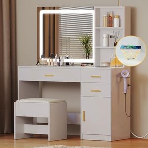 DWVO 45" W Vanity Desk w/Wireless Charging Station & Power Outlet, Vanity Mirror w/Lights Table Set with 4 Drawers, Vanity Set 3 Lighting Modes Brightness Adjustable for Bedroom Studio