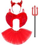 REDSTAR Children's Devil Costume - 4pc Set Includes; Red Feather Wings, Devil Horns Headband, Trident Fork Prop and Red Tutu Skirt, Halloween Outfit, Girls Cosplay, Fancy Dress for Kids