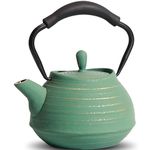 MILVBUSISS Small Cast Iron Teapot, 650ml Tea Kettle Stovetop Safe with Infuser for Loose Leaf & Coffee, Japanese Tea Pot Coated with Enameled Interior, Silicone Handle, 22oz Green