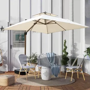Domi Cantilever Patio Umbrella, 11' x 11' Outdoor Umbrella Windproof, Wood Grain Aluminum Square Offset Sun Umbrella w/360 Degrees Rotation, Easy Tilt Adjustment for Garden Deck Poolside, Cream