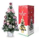 Mrinb 45CM Small Christmas Tree with Lights,Mini Desktop Decoration Tree with Star Tree Topper, Balls, Bows, Pine Cones for Home Office Shopping Bar Christmas Decorations (Pink)