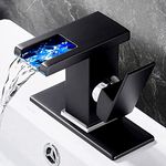 Matte Black Bathroom Faucet with Led Light, GIFTQOOL FB100 Waterfall Brass Sink Faucet Single Handle 1 Hole Taps Washroom Faucets Robinet de Salle de Bain Noir Vanity Faucet