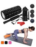 Foam Roller Set Includes Hollow Core Massage Roller,Peanut Ball ,Spiky Ball ,Stretching Band,Muscle Roller Stick,Massage Ball,Stretching Strap,Exercise Resistance Bands, Storage Bag,for Deep Tissue Massage, Pain Relief of Back, Legs, Exercise( OVTSPO 9 in 1 Black)