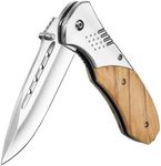 KEXMO Folding Pocket Knife - 3.46" Sharp Blade Olive Wood Handle Pocket Knives with Clip, Glass Breaker - EDC Knife for Dad Women Tactical Hunting Survival Camping Fishing Hiking Gift - Sliver