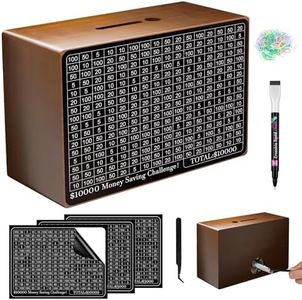 Wooden Money Saving Box, Cash Savings Box for $10000 $5000 $3000 Target Money Saving Challenge, Reusable Money Box with Counter, Cash Vault Bank with Dry Erase Pen/Savings Trackers/Rubber Band-Brown