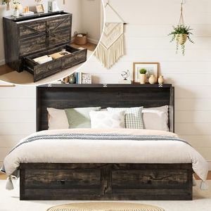 LUXOAK Queen Murphy Bed with Storage and Charging Station, Farmhouse Cabinet Bed, Noise-Free, for Guest Room, Apartment, or Office, Black Oak
