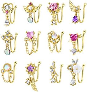 PLOMFOV 12Pcs Fake Nose Ring for Women Dangling Nose Cuffs Faux Clip on Nose Ring for Non Pierced Nose, Gemstone, cubic-zirconia, A: Gold Tone