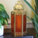 Vela Lanterns Metal Moroccan Decorative Candle Lantern Holder for Ramadan, Gold, Amber Glass, Large