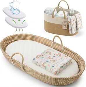 ZEAL'N LIFE Premium Nursery Bundle - Baby Changing Basket, Baby Diaper Caddy, Baby Towel and Waterproof Mattress Cover - Artisian Handmade & Organic, Moses Baskets for Newborn, Bassinet Basket