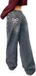 MakeMeChic Girl's Baggy Straight Leg Jeans High Elastic Waisted Denim Pants Y2K Boyfriend Skater Streetwear 6-14Y Bow Print Medium Wash 15 Years