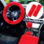 6 Pieces Fluffy Steering Wheel Covers Set for Women, Fur for Car Accessories, Fuzzy Gear Shift Cover Handbrake Center Console Seat Belt Shoulder Pads Cover Decoration (Red, Short Hair)