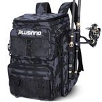 PLUSINNO Fishing Backpack with Rod Holders, 42L Large Water-Resistant Tackle Bag for Fishing, Camping, Hiking, Gifts - Black Camo