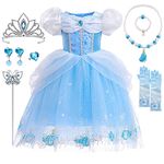 Princess Costumes for Girls, Cinderella Dress Up for Girls with Crown Fairy Wand Necklace Sets, Cinderella Princess Dress Long Skirt, Kids Fancy Dress for Carnival Party Bridesmaid Cosplay (A, 120)