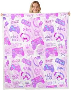 Girls Gamepad Plush Blanket Gamer Fleece Throw Blanket for Bed Couch Sofa Children Video Game Controller Sherpa Blanket Pink Purple Stripe Room Decor Twin 60“x80”