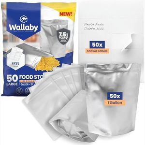 50x Wallaby 1-Gallon Gusset Mylar Bag Bundle - (7.5 Mil - 10" x 14") Stand-Up Zipper Pouches + 50x Labels - Heat Sealable, Food Safe, & Reliable Long Term-Food Storage Solutions - Silver