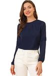 Allegra K Women's Work Tops Chiffon Shirt Semi Sheer Keyhole Neck Elegant Blouse Dark Blue Medium