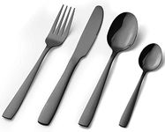 16 Piece Cutlery Set, Stainless Steel Flatware Silverware Sets with Square Edge, Service for 4 People, Elegant Tableware Included Knives Forks Spoons, Mirror Finished & Dishwasher Safe (Black)