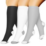 CHARMKING 3 Pairs Plus Size Compression Socks for Women & Men Extra Wide Calf 20-30 mmHg Best Support for Circulation, 13 Contrast Black/White/Grey, XX-Large