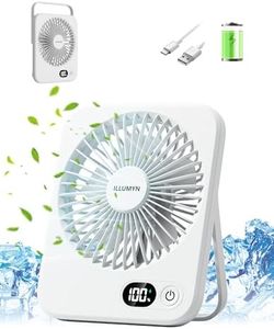 ILLUMYN Ventilateur de Table, Série Été - Ultra Silencieux, Puissant Flux d'Air pour Bureau et Maison. Portable et Pliable pour Voyage, 5 Vitesses, Batterie Rechargeable 1800mAh, Écran LCD