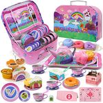 44PCS Tea Party Set for Little Girls, Pretend Play Toys Ballerinas Princess Tin Tea Set – Teapot Desserts & Carrying Case, Invitations Place Cards Birthday Gifts Toy for Girls Kids 3 4 5 6 7 Years Old