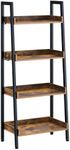 Rolanstar Bookshelf, 4 Tier Ladder Bookshelf with 3 Hooks, Industrial Bookcases, Freestanding Display Plant Shelves with Metal Frame for Living Room, Rustic Brown