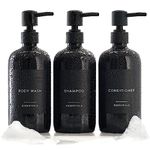 Stylish Shampoo and Conditioner Dispenser Set of 3 - Modern 21oz Shower Soap Bottles with Pump and Labels - Easy to Refill Body Wash Dispensers for an Instant Bathroom Decor Upgrade - Black