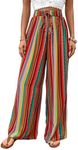 Verdusa Women's Elastic High Waist Boho Stripe Print Loose Wide Leg Pants Orange Red X-Large