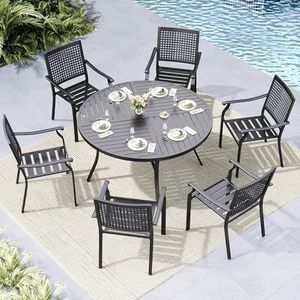 MFSTUDIO 7 Pieces Metal Patio Dining Set, 54" Round Iron Table with 1.75" Umbrella Hole and 6 Stackable Outdoor Metal Mesh Chairs