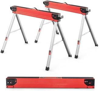 COSTWAY Folding Saw Horse Twin Pack, Heavy Duty Workbench with Flip-Down Pegs, 2 x 4 Support Arms, Non-Slip Pads & Surface, Fully Assembled Metal Trestle Stands Sawhorse, Each Max Load 500kg (Red)
