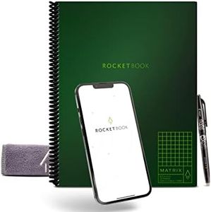 Rocketbook Matrix Graph Notebook - Carnet de notes réutilisable avec 1 stylo Pilot Frixion et 1 chiffon en microfibre inclus - Vert, format lettre