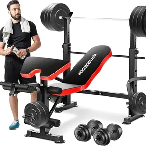 OPPSDECOR 6 in 1 660lbs Weight Bench with Leg Extension and Leg Curl, Foldable Bench Press Set and Squat Barbell Rack with Preacher Curl, Adjustable Workout Bench for Home Gym Strength Training PXZXYX1 (Red)
