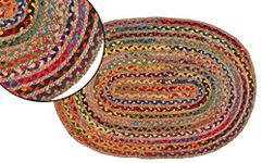 Jute Multi Chindi Oval Braided Rug, Tightly Braided Chindi and Jute Rug, Reversible,Durable,Sustainable Rug Pad, Shag Rugs for Bedroom, Floor Rug, Bedroom Rugs, Jute Kitchen Rug-24x36 inch Multi Color