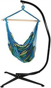 Sunnydaze Extra Large Hanging Rope Hammock Chair with C-Stand - 300 Pound Capacity - Black Stand - Ocean Breeze