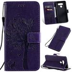 SATURCASE Case for LG K50 / Q60, Cat Tree Embossing PU Leather Flip Magnet Wallet Stand Card Slots Protective Cover with Hand Strap for LG K50 / Q60 (Purple)