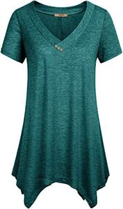 Miusey Plus Size Aline Tops, Womens Spring V-neck Shirts Flowy Asymmetrical Tops Irregular Hem Swing Ruched Tunics Chic Cozy Baggy Tee Casual Long Length Home Wear Green XXL